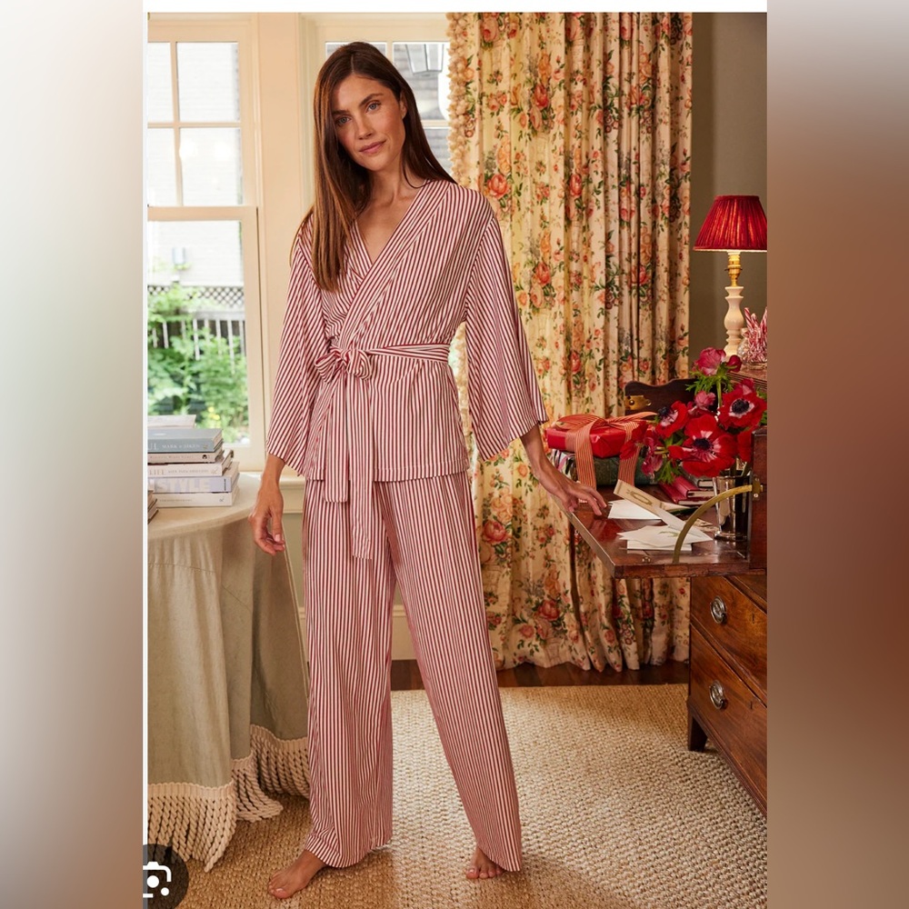 LAKE DreamModal Kimono Pajama Set in Red Pencil Stripe